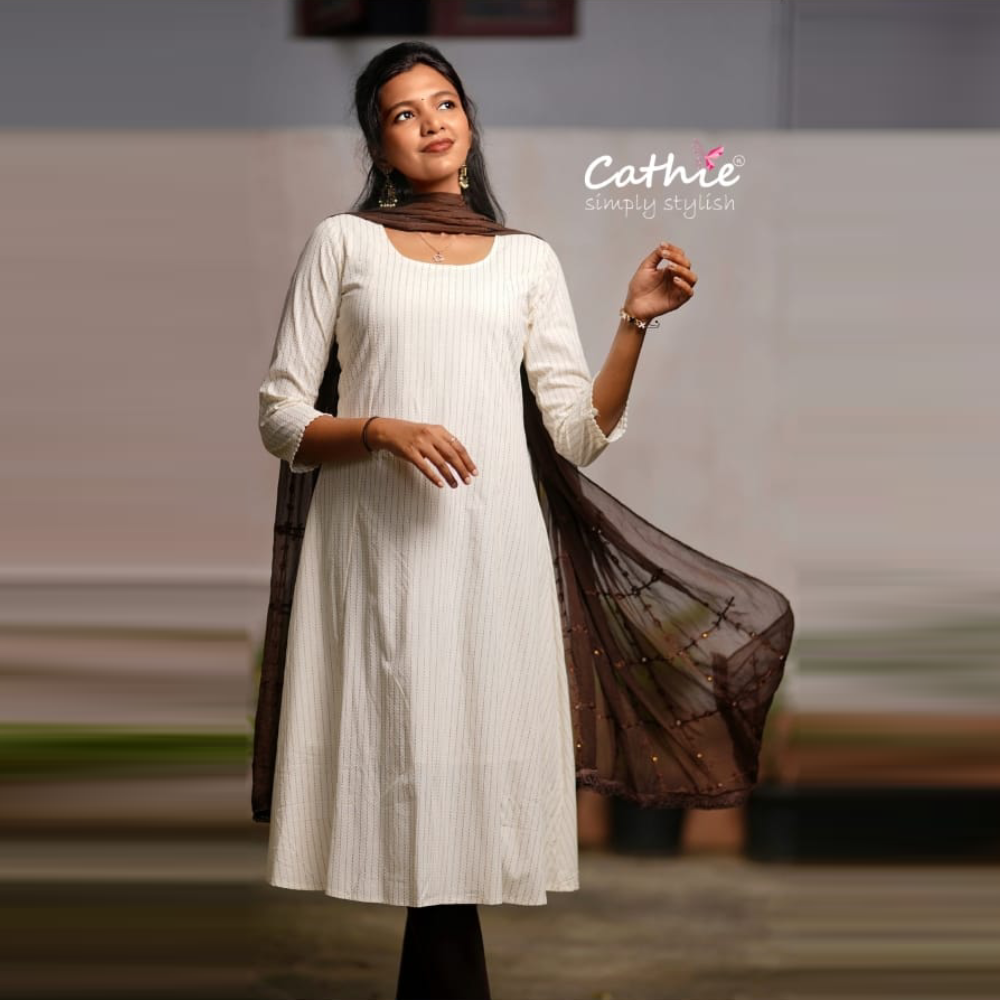 Cathie | Meher white gold | cotton viscose kurta with printed foil stripes
