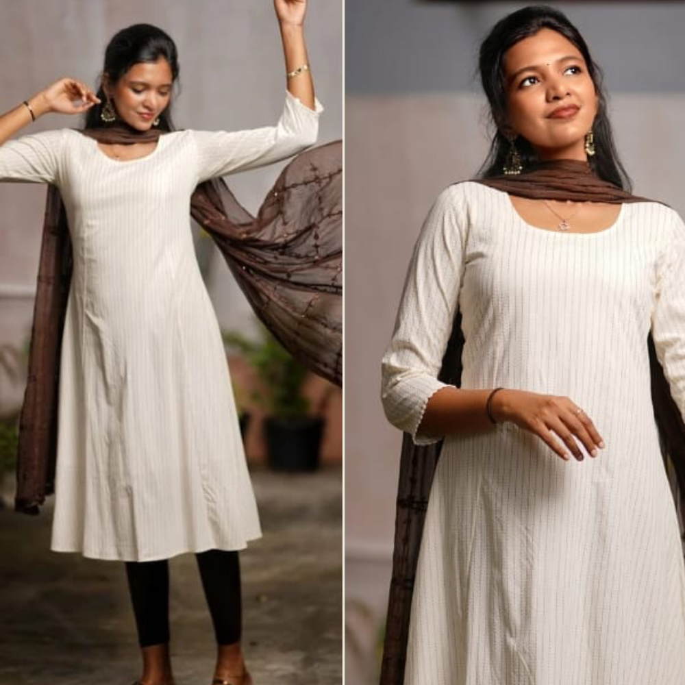 Cathie | Meher white gold | cotton viscose kurta with printed foil stripes