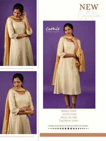 cathie gold cotton viscose kurti with printed foil stripes