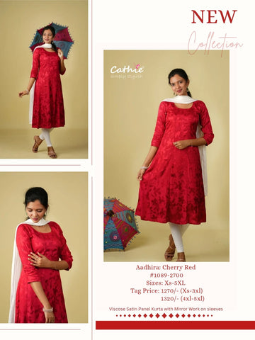 cathie cherry red viscose satin panel kurta with mirror work on sleeves