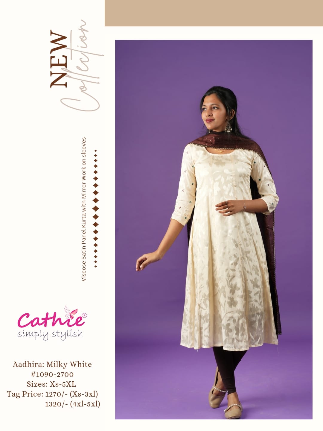 cathie milky white viscose satin panel kurta with mirror on sleeve