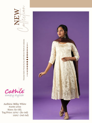 cathie milky white viscose satin panel kurta with mirror on sleeve