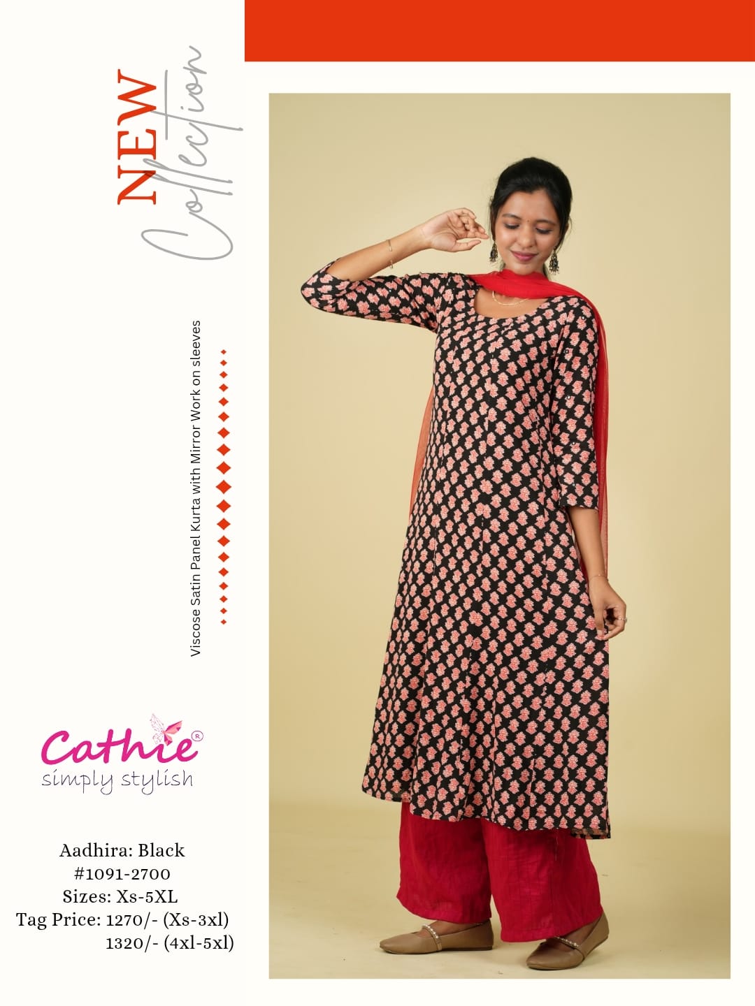 Cathie | Viscose Satin Panel Kurta with Mirror Work on sleeves